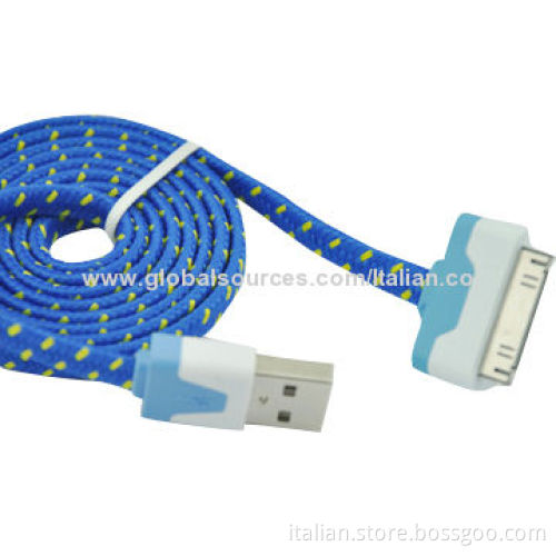 Noodle-shaped Flat Fabric Braided USB Cable for iPhone 4/4S, Eco-friendly PVC Material